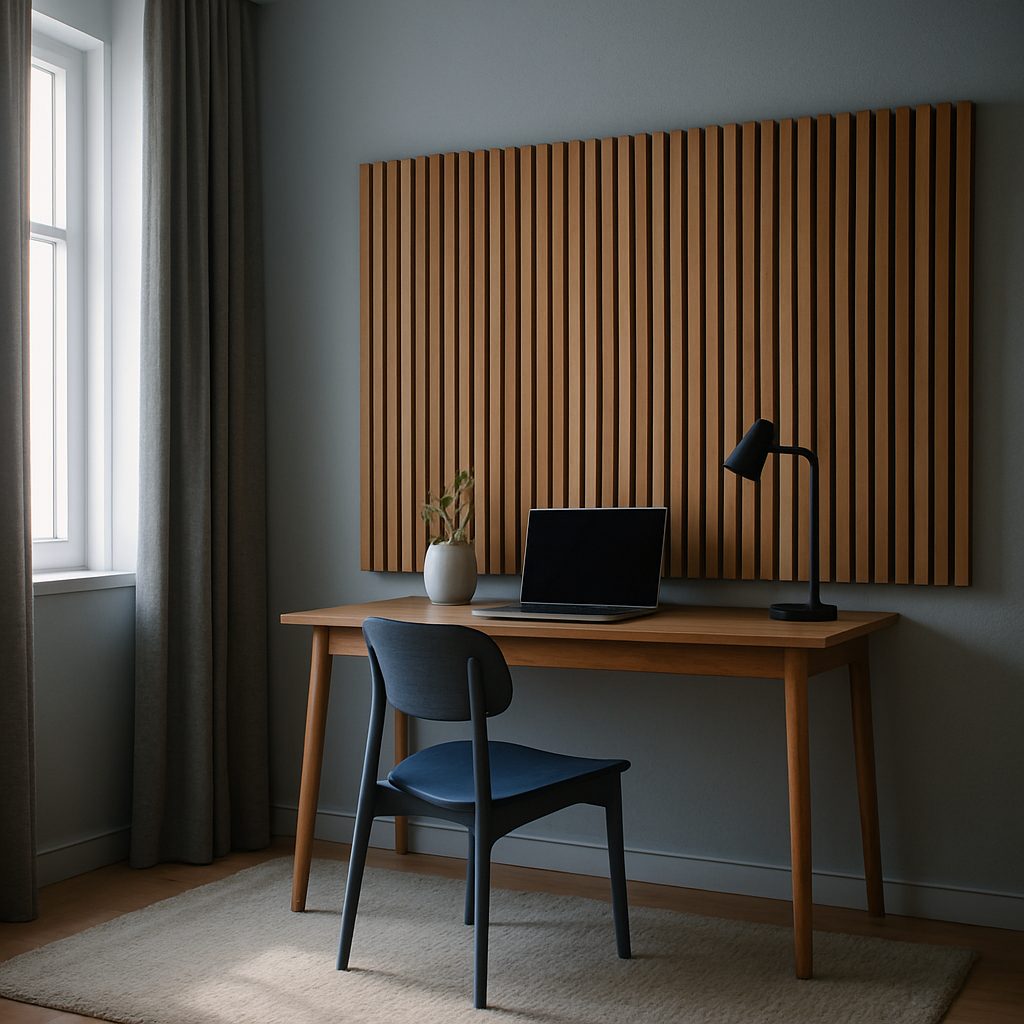 Coin de bureau à domicile traité pour le son : panneaux absorbants en bois au mur, rideau épais près de la fenêtre et tapis de laine au sol.