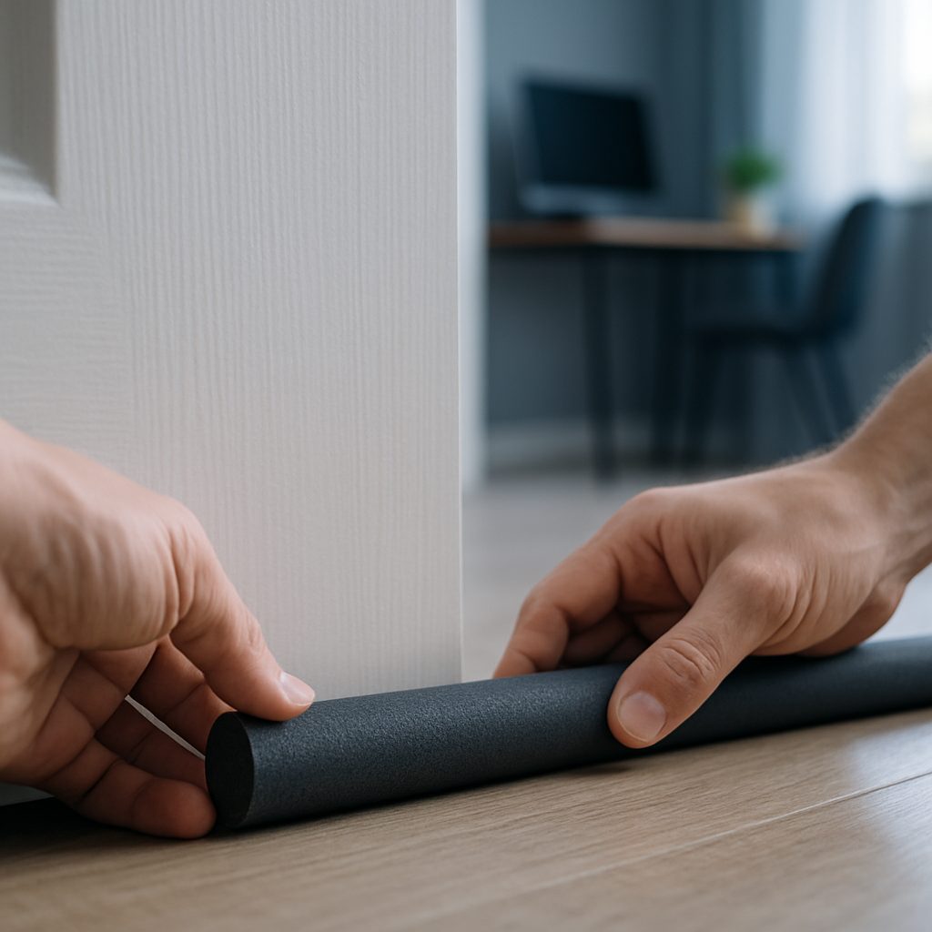 Pose d'un joint bas de porte pour empêcher le bruit du couloir d'entrer dans le bureau.