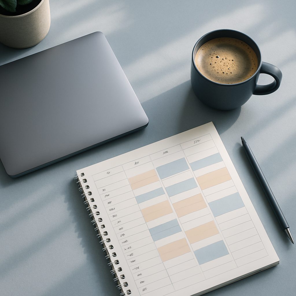 Vue de dessus d'un bureau à domicile avec un agenda hebdomadaire où les plages de travail sont regroupées par couleur, à côté d'un ordinateur portable fermé.