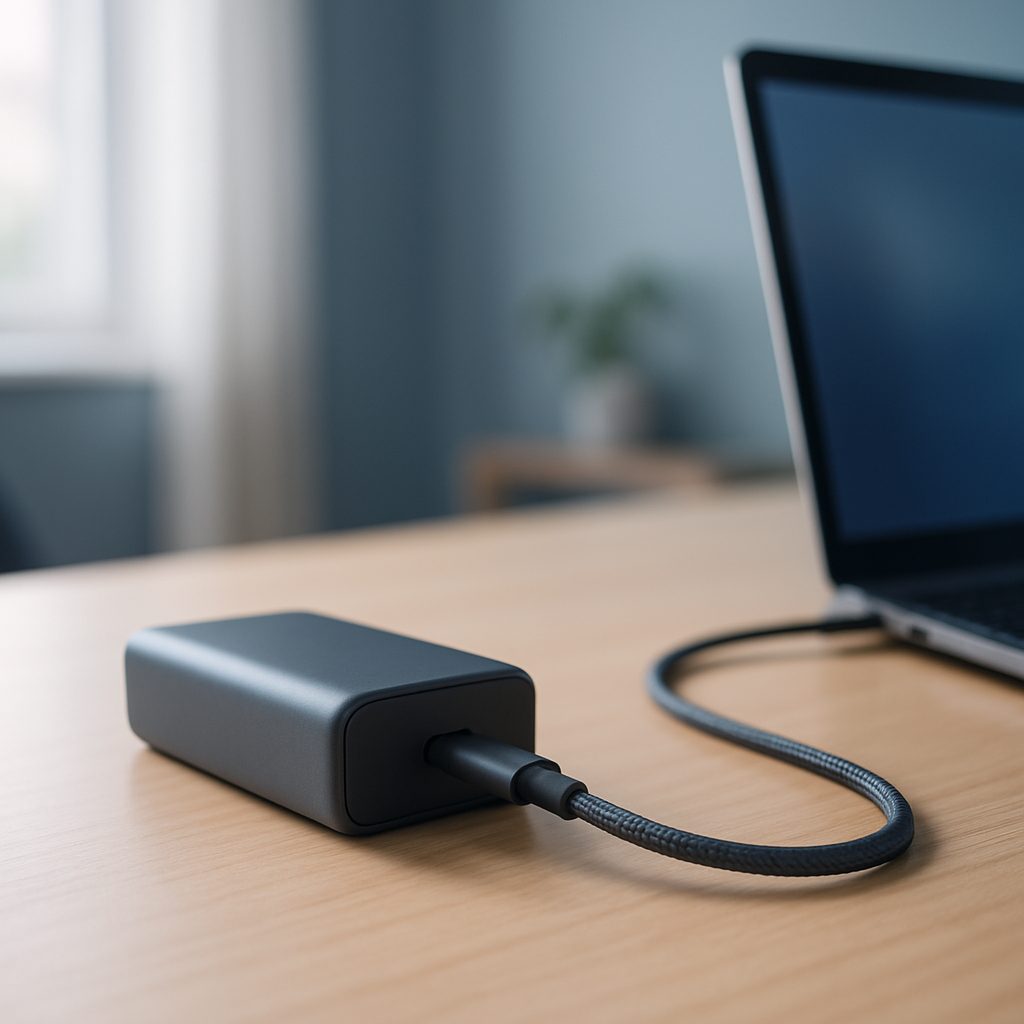 Batterie externe USB-C reliée par un câble à un ordinateur portable posé sur une table en bois, lumière du jour.