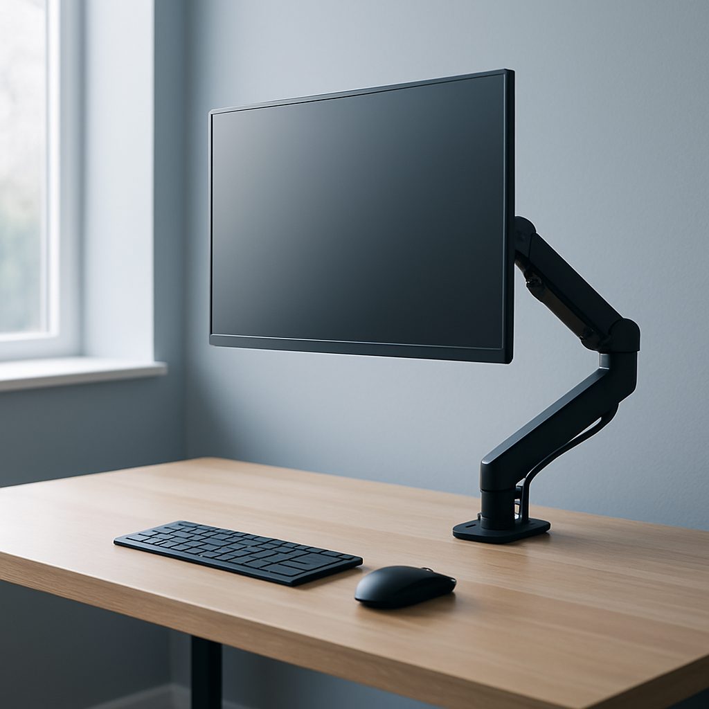 Bras articulé à pince fixé au bord d'un bureau en bois, écran suspendu au-dessus d'un plateau dégagé