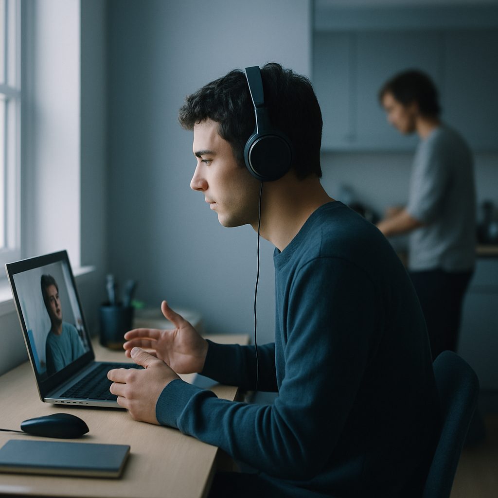 Personne en télétravail portant un casque à réduction de bruit lors d'un appel, dans un logement partagé, colocataire flou en arrière-plan.