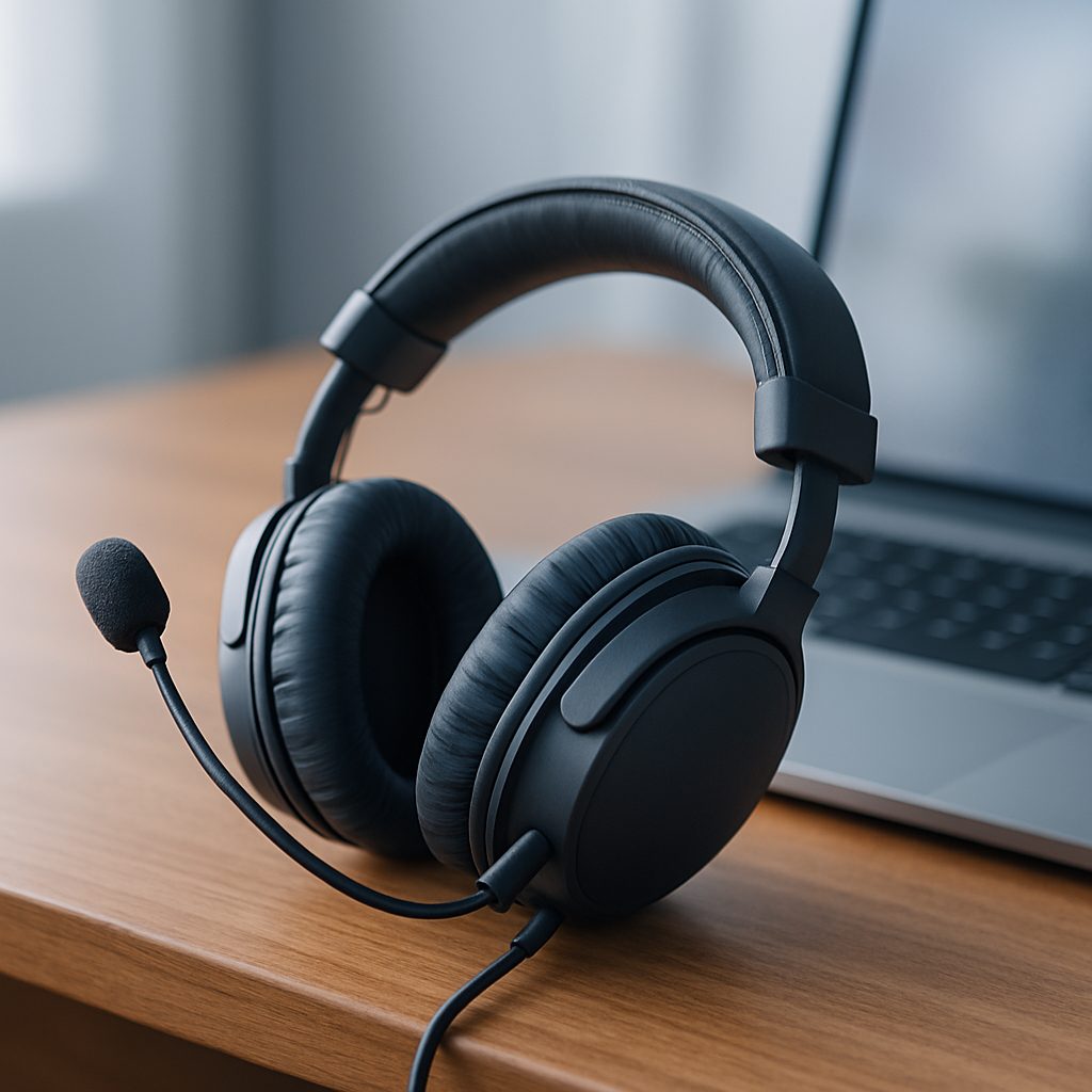Gros plan d'un casque circum-auriculaire fermé avec micro à perche amovible posé sur un bureau en bois, à côté d'un ordinateur portable.