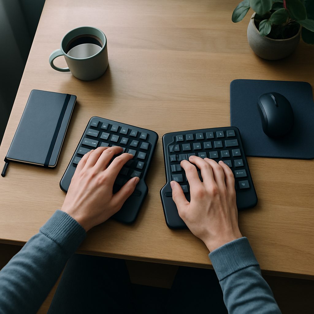 Vue de dessus de mains posées sur un clavier ergonomique séparé, sur un bureau en bois éclairé par la lumière du jour