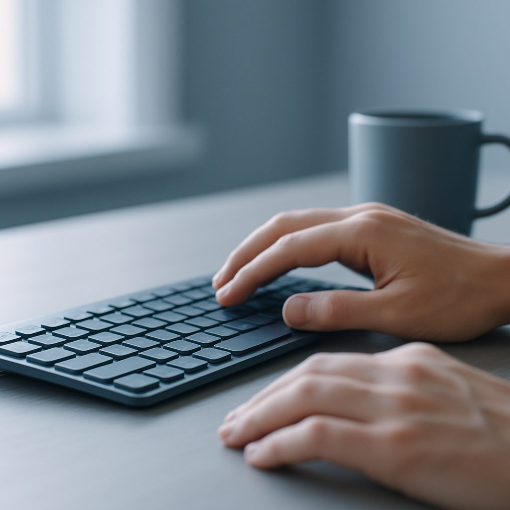 Gros plan d'un clavier mécanique à profil bas sur un bureau étroit, poignets à plat dans une position neutre, à côté d'une tasse