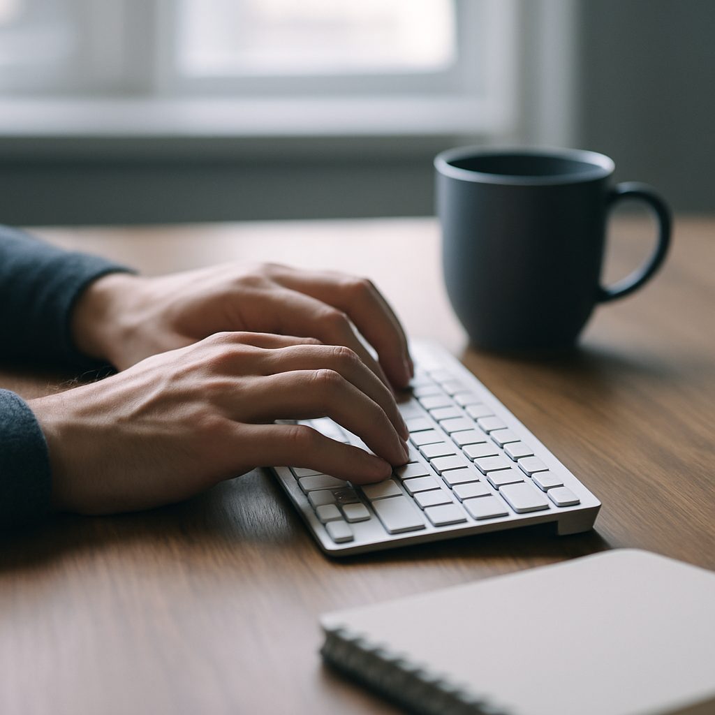 Mains posées sur un clavier, sur une table en bois éclairée par la lumière du jour, dans un bureau à domicile calme.