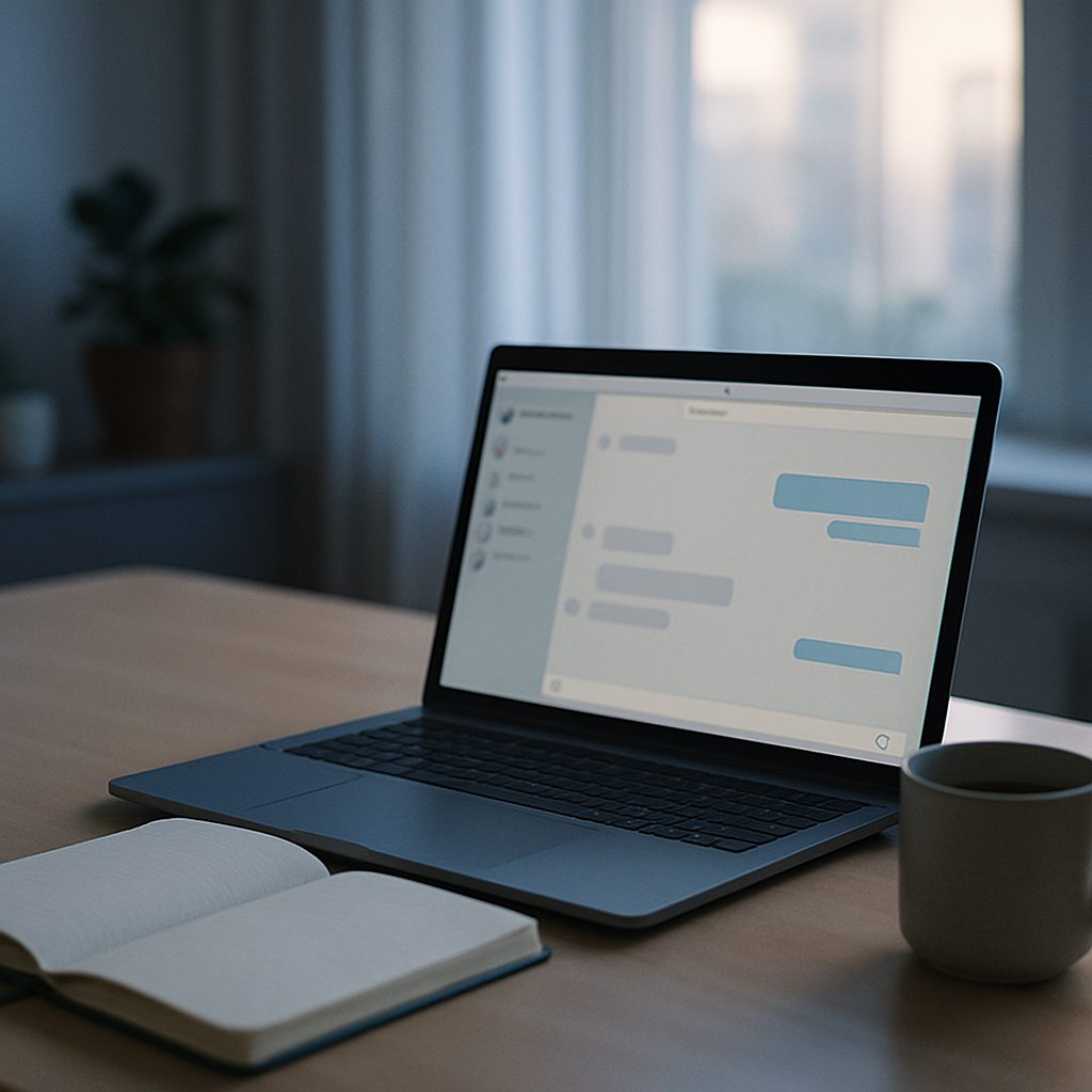 Bureau à domicile éclairé par la lumière du matin, ordinateur portable ouvert sur une messagerie, carnet et tasse posés à côté.