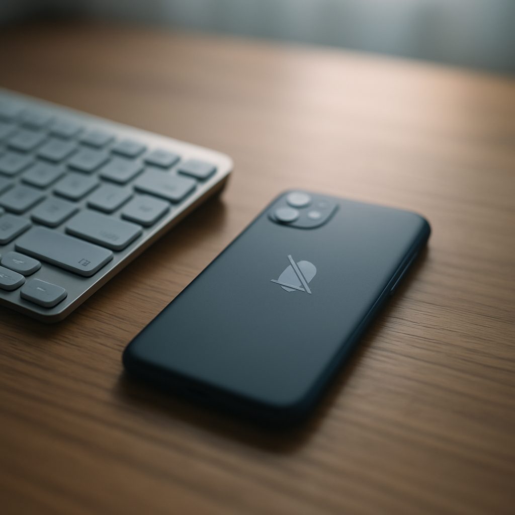 Smartphone posé écran vers le bas près d'un clavier sur un bureau en bois, notifications coupées pour protéger la concentration.