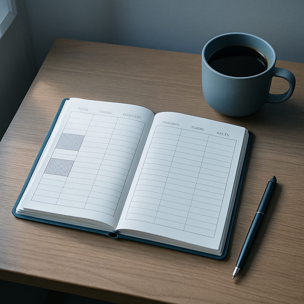 Agenda papier hebdomadaire vu de dessus, avec deux plages de concentration marquées au crayon en début de matinée.