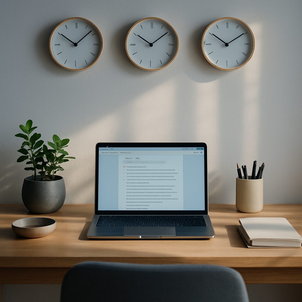 Bureau à domicile épuré avec trois horloges affichant des heures différentes au-dessus d'un ordinateur portable ouvert sur un document partagé