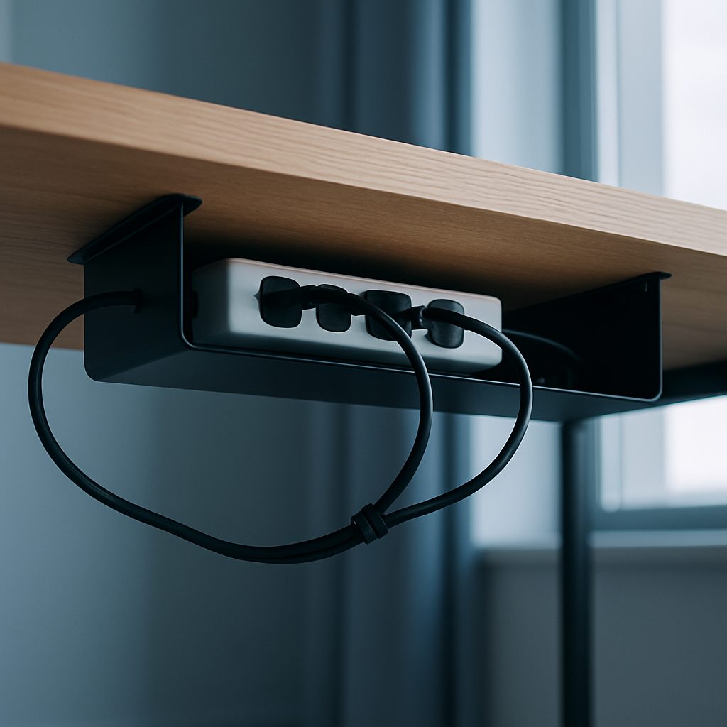 Dessous d'un bureau en bois où les câbles sont regroupés dans un chemin sous-plateau, avec la multiprise rangée hors de vue