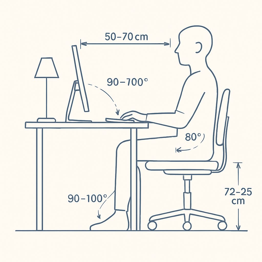 Schéma coté du poste de télétravail idéal : angles coude et genou à 90-100°, écran à 50-70 cm et haut de l'écran à hauteur des yeux.