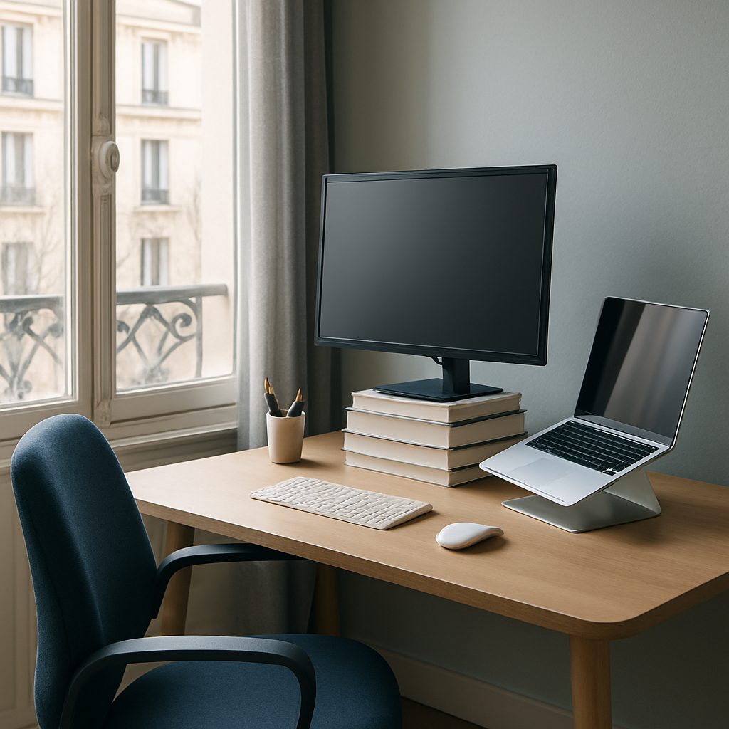 Poste de télétravail réglé près d'une fenêtre, écran surélevé à hauteur des yeux et chaise ajustée.