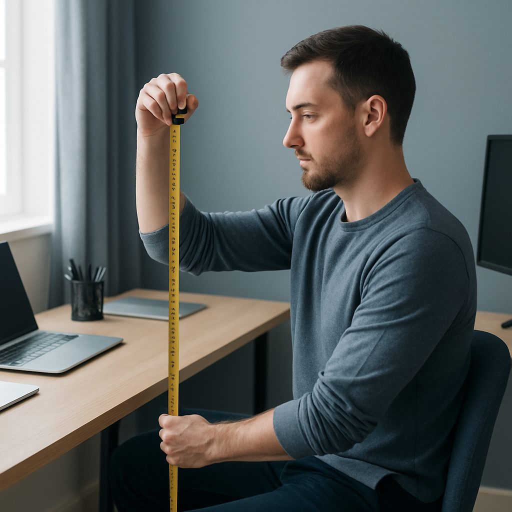 Personne assise mesurant au mètre-ruban la hauteur de son coude au-dessus du sol pour régler son bureau.