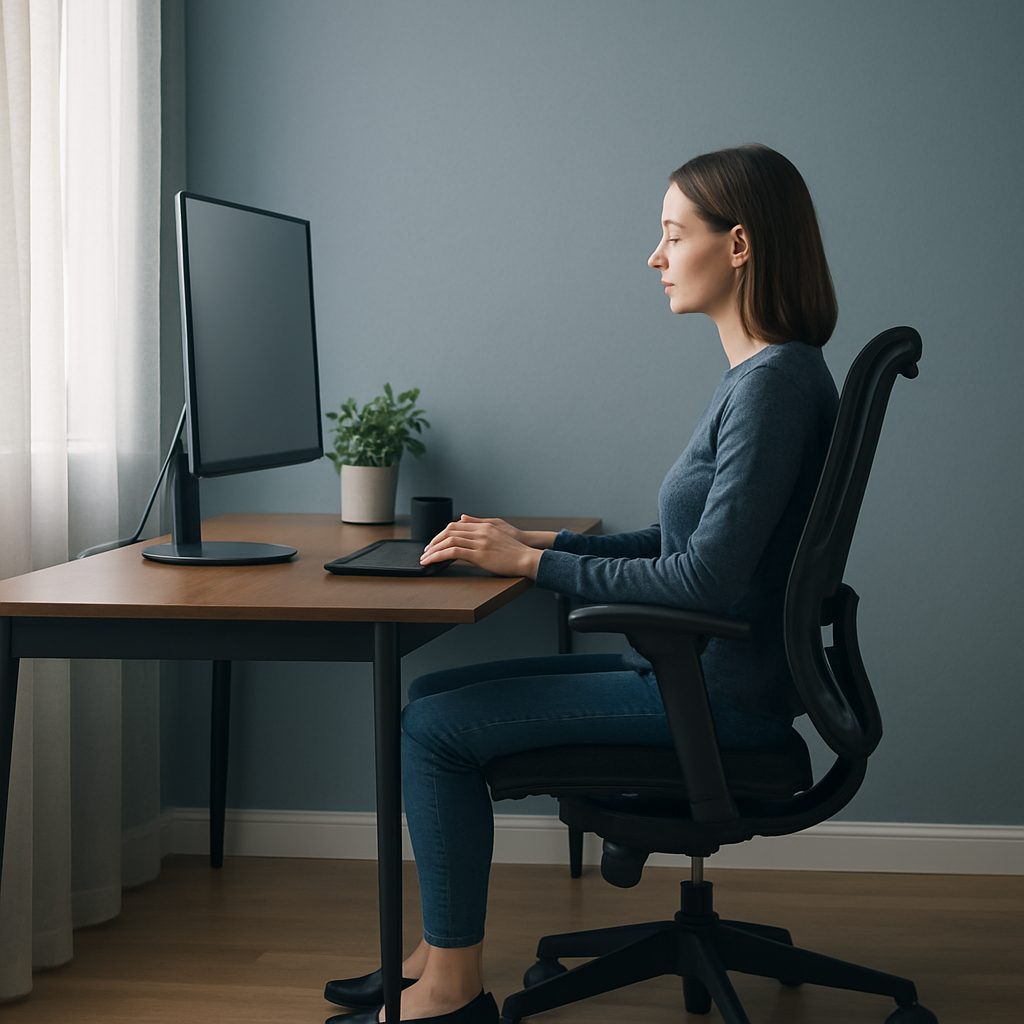 Poste de travail vu de profil : coudes à 90°, pieds à plat, haut de l'écran aligné avec les yeux.