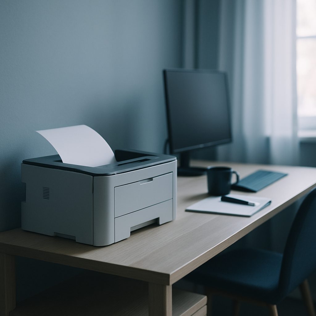 Petite imprimante laser monochrome posée sur une étagère basse à côté d'un bureau à domicile, lumière naturelle douce