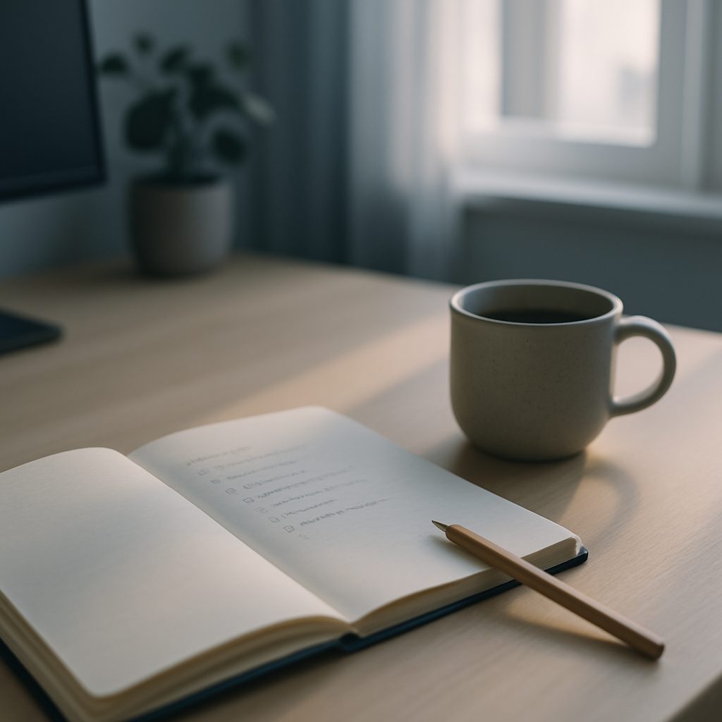 Un carnet ouvert sur une table de télétravail, deux tâches entourées au crayon dans la lumière du matin.