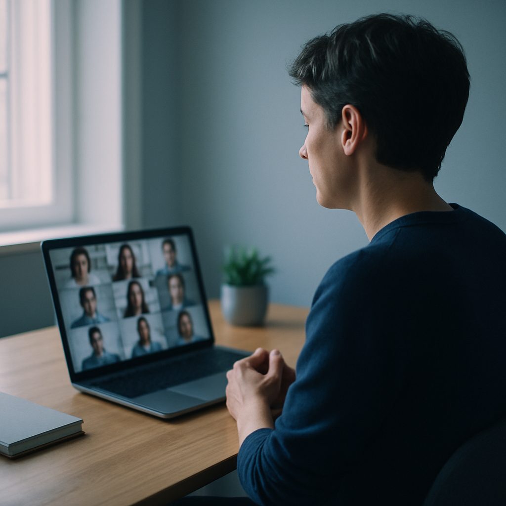 Manager en visioconférence avec son équipe depuis un bureau à domicile clair et rangé.