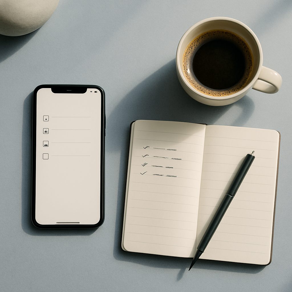 Vue de dessus d'un bureau à domicile ordonné : un smartphone affiche une application de liste de tâches, à côté d'un carnet manuscrit, d'un stylo et d'une tasse, sous une lumière naturelle douce.