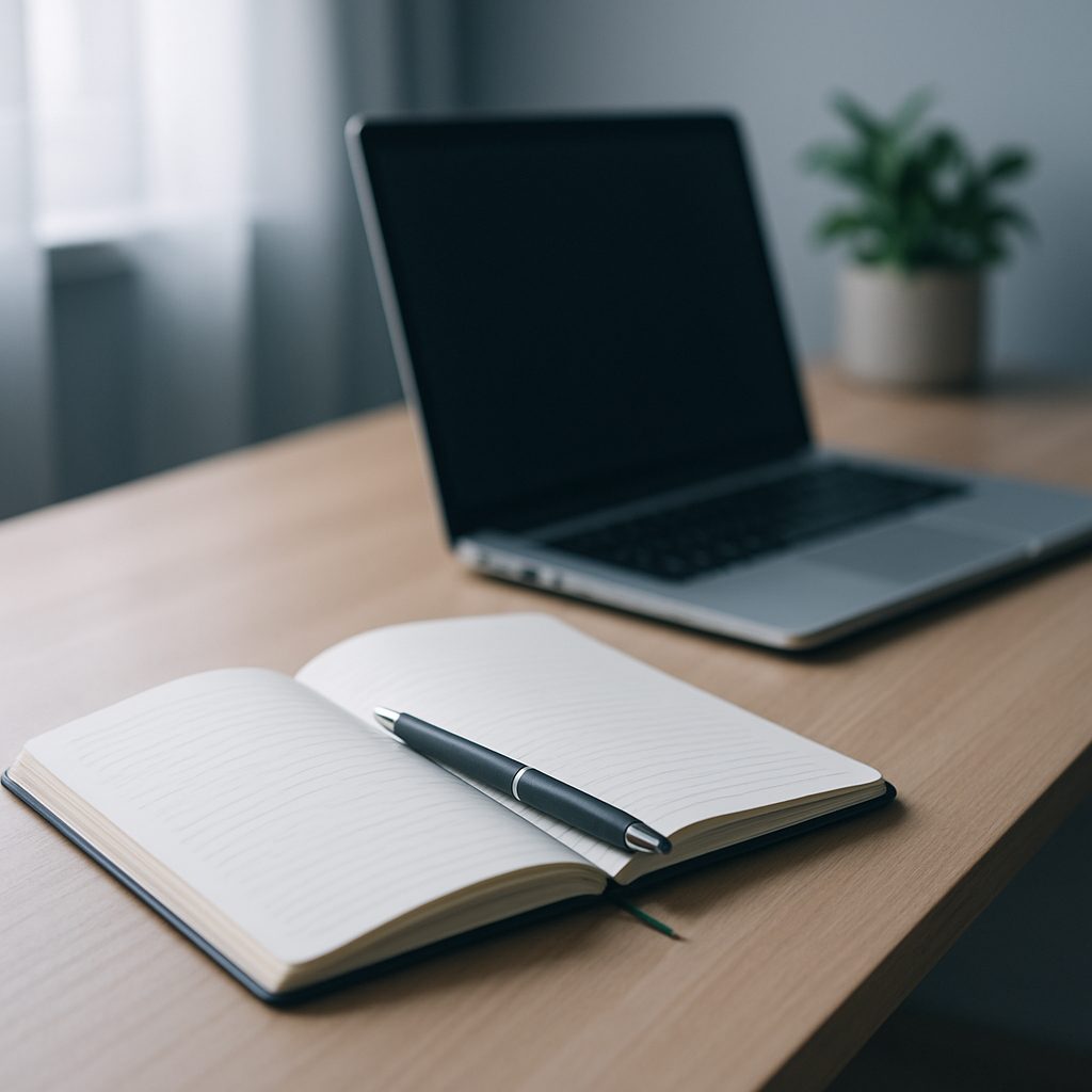 Carnet ouvert et stylo posés sur un bureau à domicile baigné de lumière naturelle, illustrant l'étape de capture de la méthode GTD