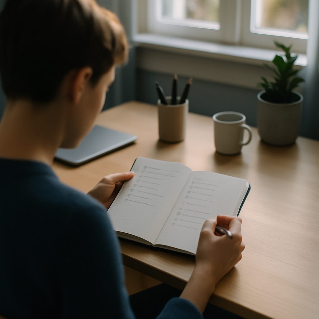Personne relisant ses listes de tâches manuscrites lors de la revue hebdomadaire, à son bureau à domicile en fin de journée