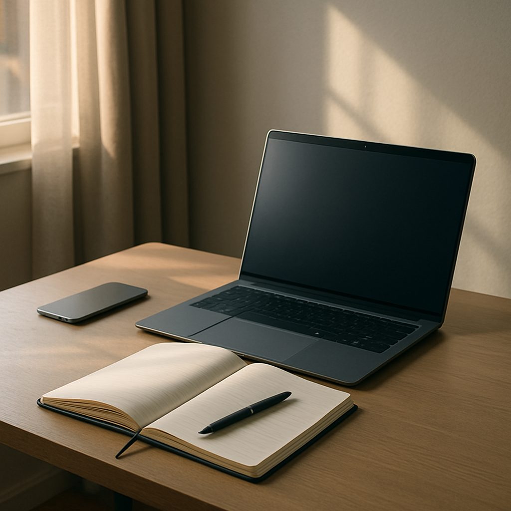 Un bureau à domicile épuré en lumière du matin : un seul carnet ouvert, l'ordinateur, le téléphone posé face contre la table.