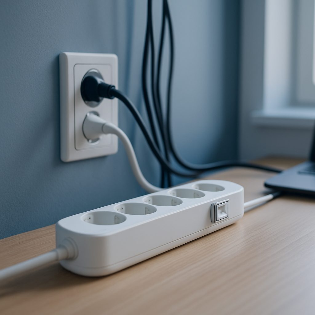Parasurtenseur blanc avec interrupteur et témoin lumineux, branché derrière un bureau à domicile, câbles rangés le long du mur