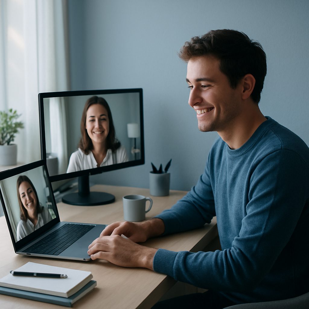 Un nouveau collaborateur en télétravail lors de son premier appel vidéo, à un bureau bien rangé et éclairé