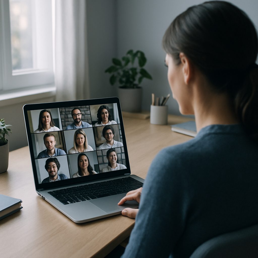 Une personne en visioconférence à son bureau à domicile, l'écran du portable affichant les visages d'une équipe répartie à distance.