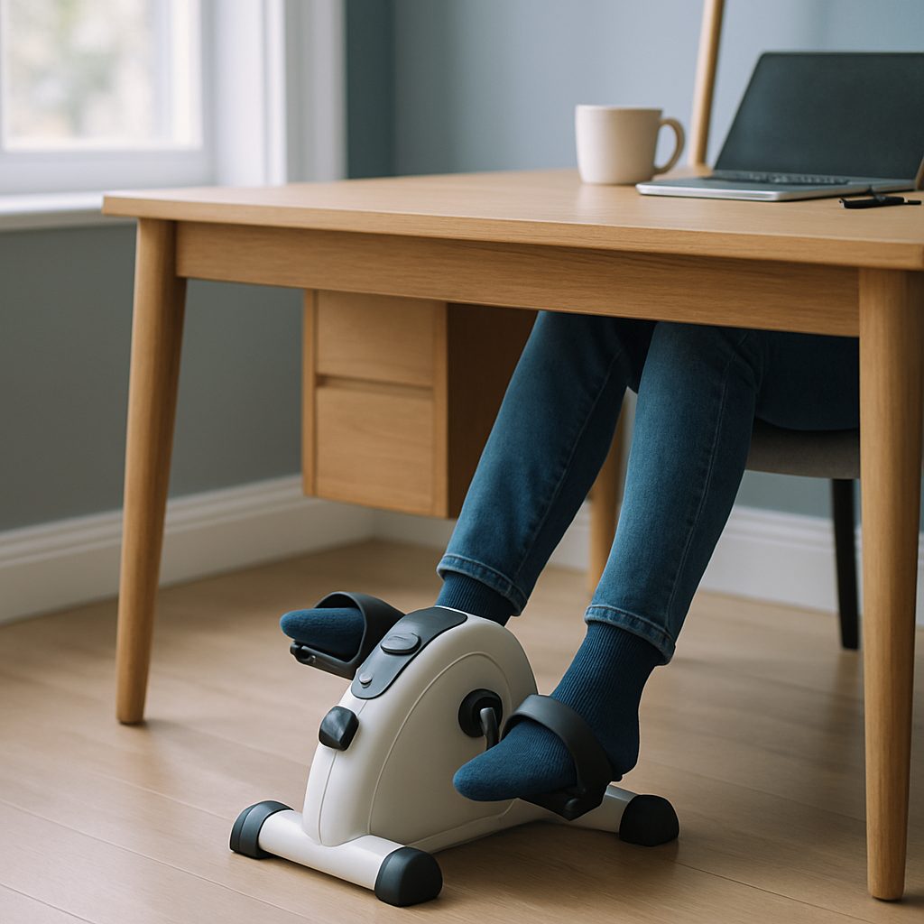 Un pédalier compact placé sous un bureau à domicile en bois, pieds posés sur les pédales, dans une lumière naturelle.