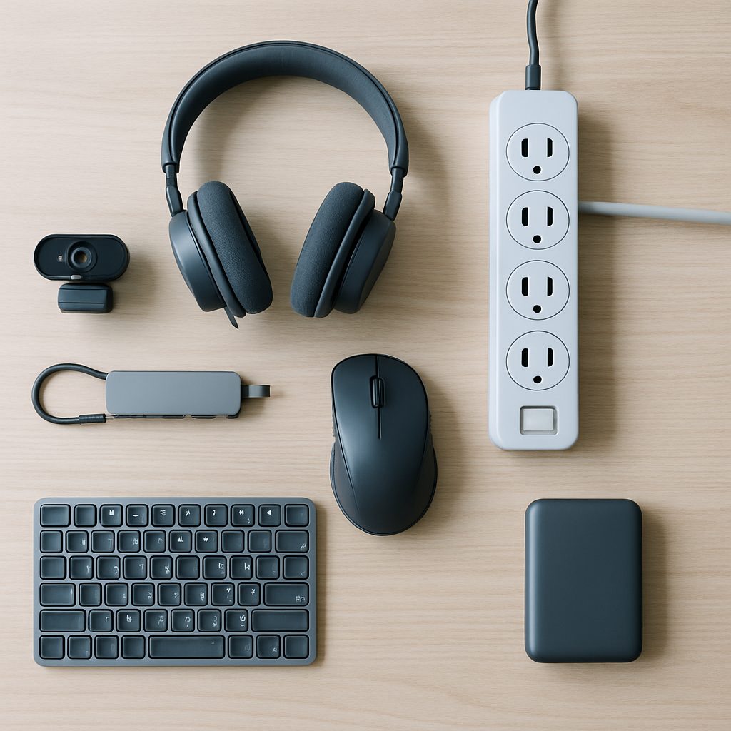 Bureau de télétravail vu du dessus : clavier détaché, souris ergonomique, casque, webcam, dock, multiprise et batterie posés sur une table en bois clair.