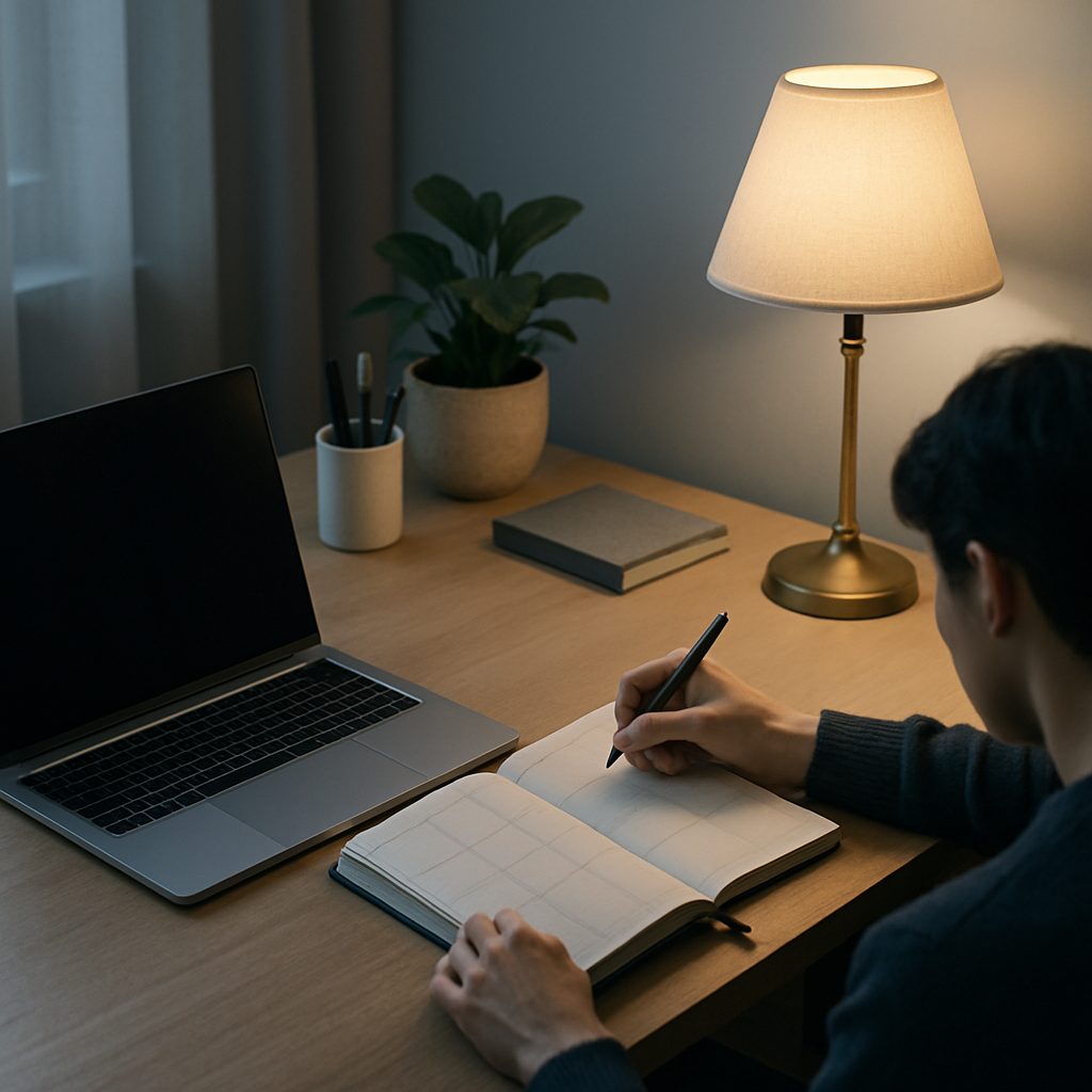 Personne notant sa revue hebdomadaire dans un carnet à son bureau à domicile, le soir, sous une lumière de lampe chaude