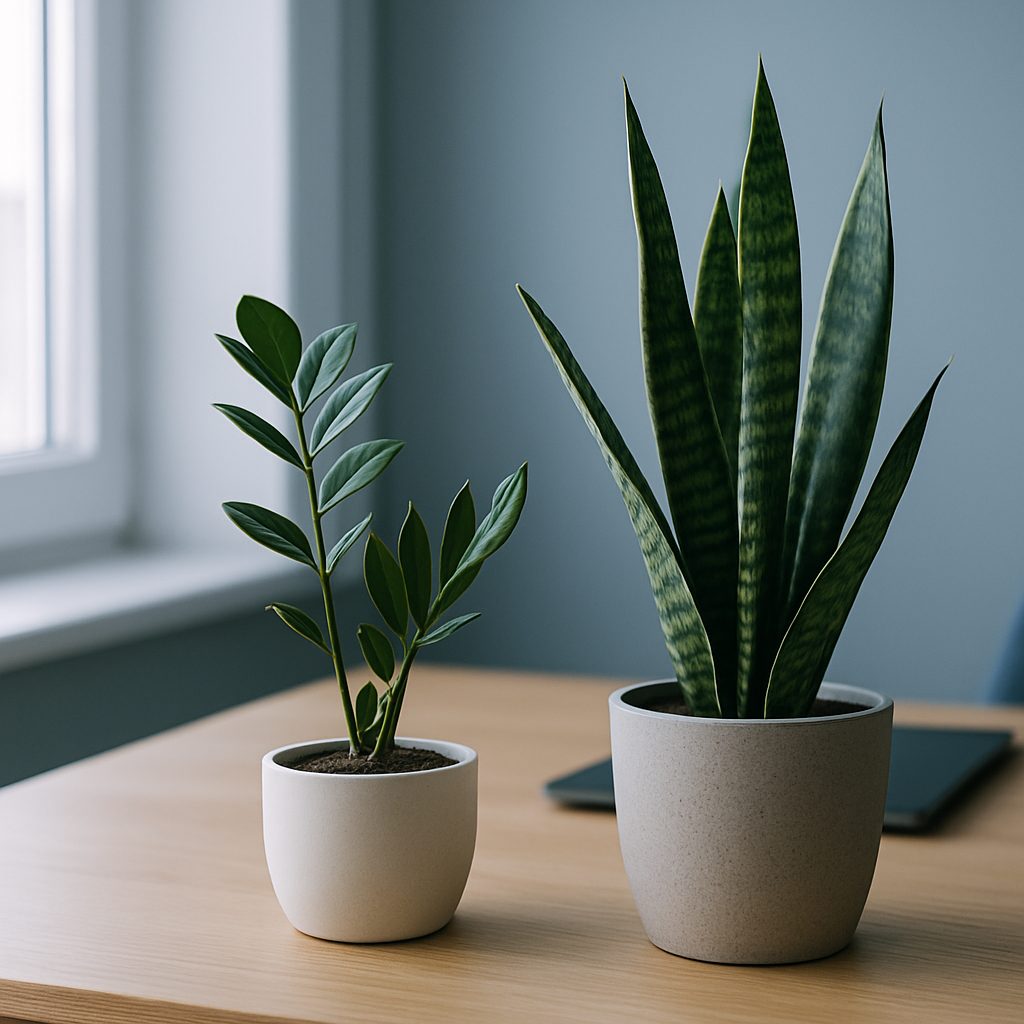 Un zamioculcas et une sansevière posés sur un bureau en bois près d'une fenêtre, dans un atelier à domicile