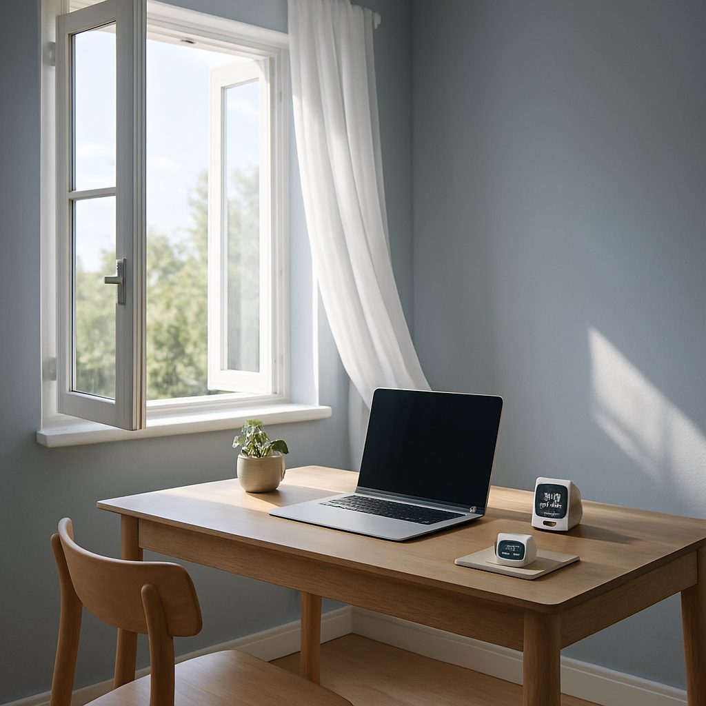 Fenêtre entrouverte dans un bureau à domicile, le rideau soulevé par le courant d'air au-dessus d'une table en bois.