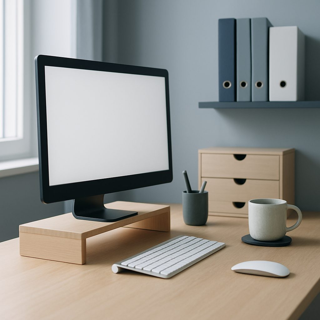 Bureau à domicile rangé par zones : écran surélevé et clavier à portée de main, caisson et étagère pour le rangement secondaire
