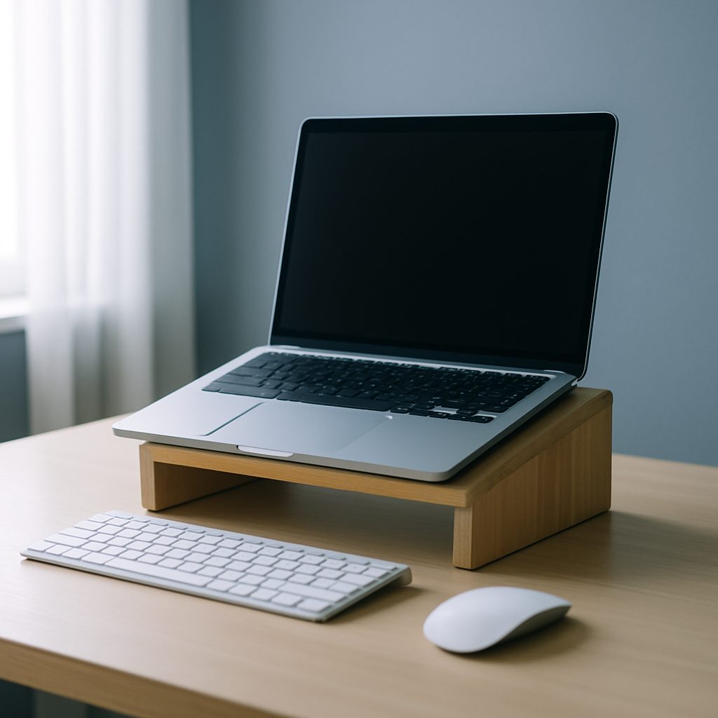 Ordinateur portable surélevé sur un rehausseur en bois clair jusqu'à hauteur des yeux, avec clavier et souris séparés posés sur le bureau, lumière naturelle d'une fenêtre