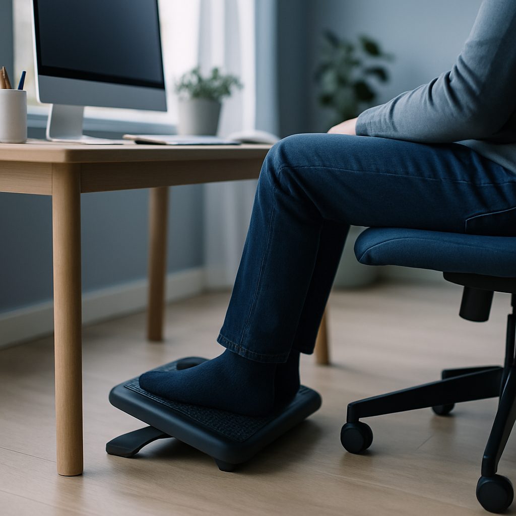 Pieds posés à plat sur un repose-pieds incliné sous un bureau en bois, dans un atelier à domicile éclairé par la lumière du jour