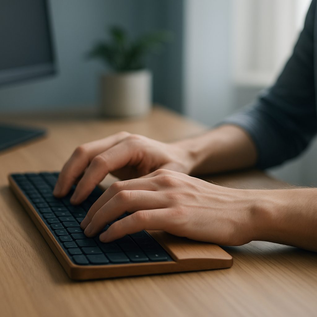 Talon de la main posé sur un repose-poignet en bois devant un clavier bas, poignet aligné avec l'avant-bras