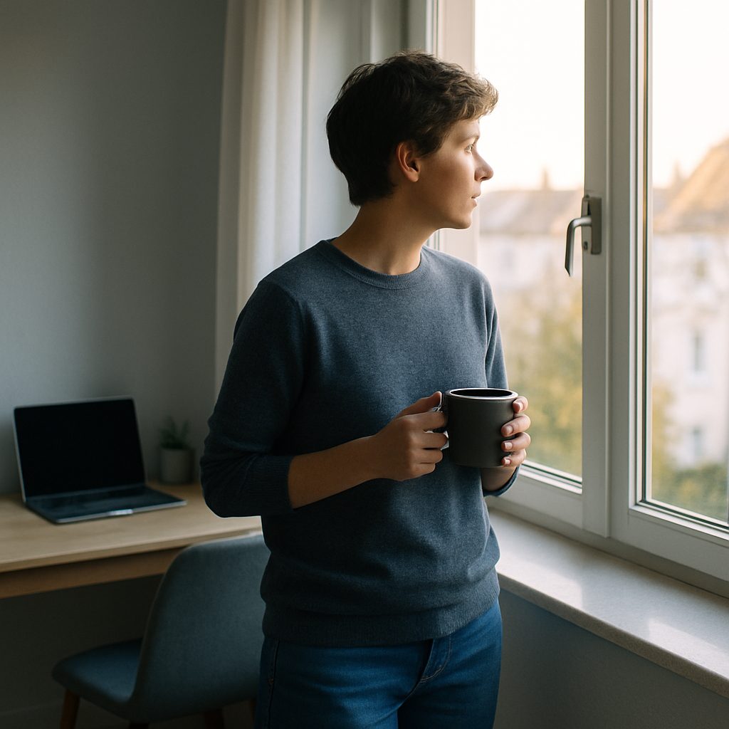 Personne habillée, tasse de café à la main, debout près d'une fenêtre ouverte le matin avant de s'installer à son bureau à domicile.