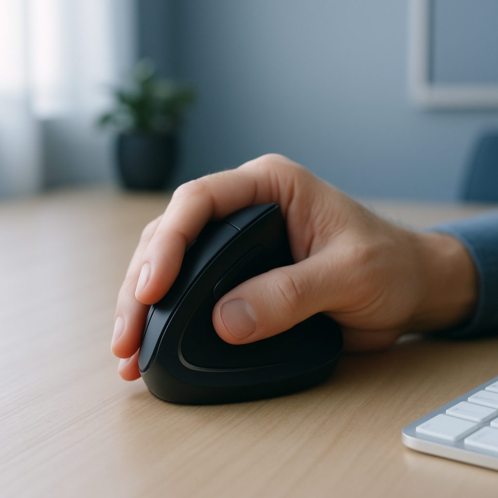 Main droite posée sur une souris verticale, avant-bras en position neutre de poignée de main sur un bureau clair.