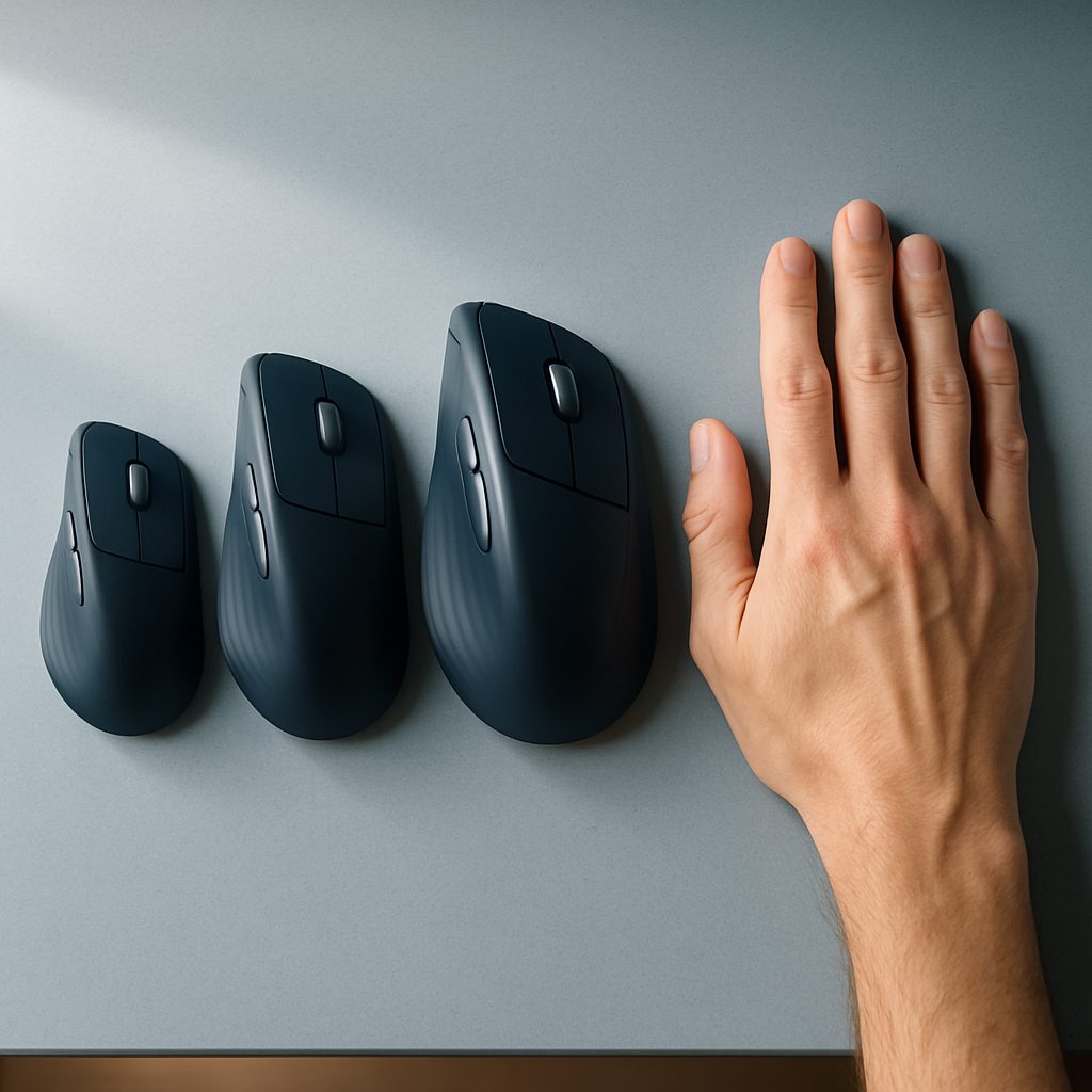 Trois souris verticales de tailles de coque différentes alignées près d'une main ouverte pour comparer la taille.