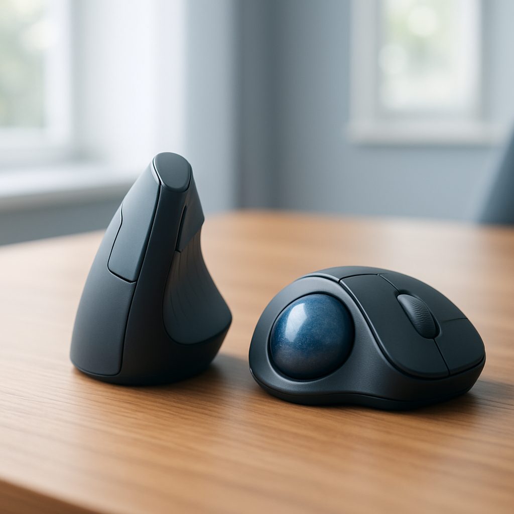 Une souris verticale et un trackball posés côte à côte sur un bureau en bois, sous une lumière naturelle douce