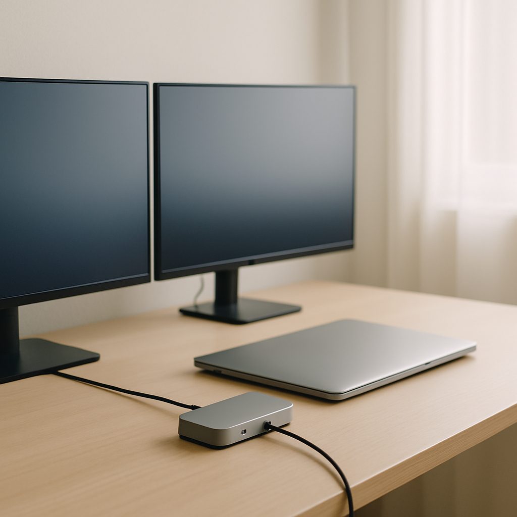 Station d'accueil USB-C reliée par un seul câble à un portable fermé, pilotant deux écrans externes sur un bureau à domicile.