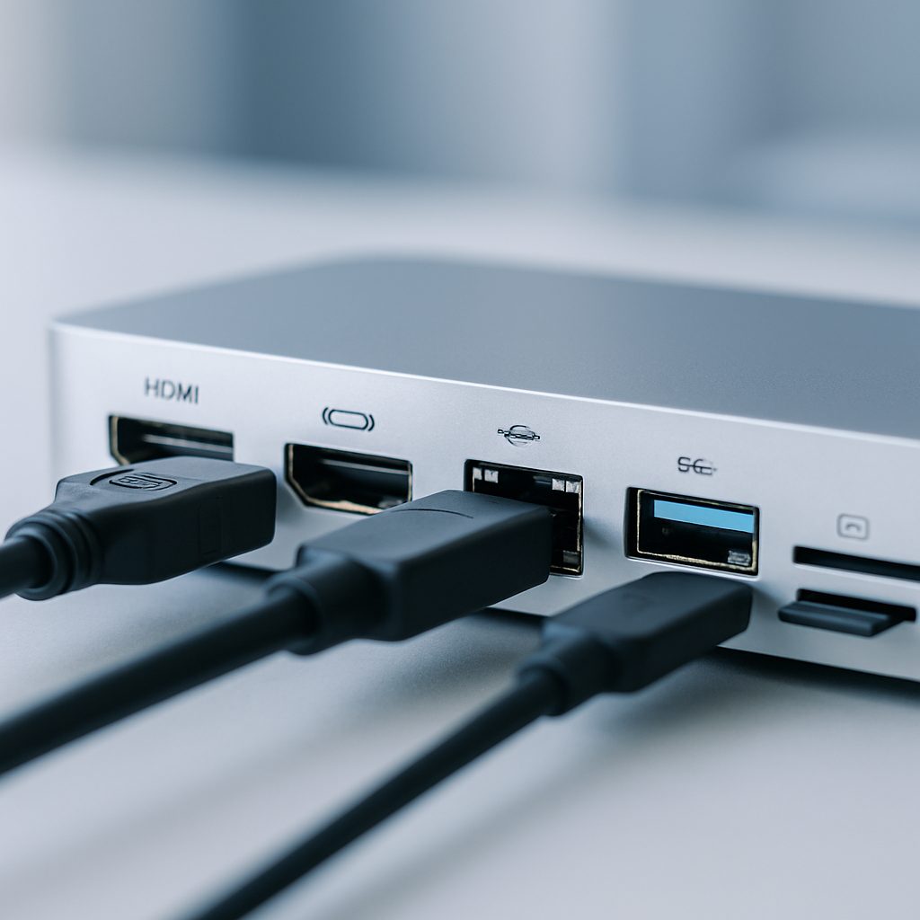 Gros plan sur les ports arrière d'un dock USB-C : HDMI, DisplayPort, Ethernet, USB-A et lecteur de cartes SD.