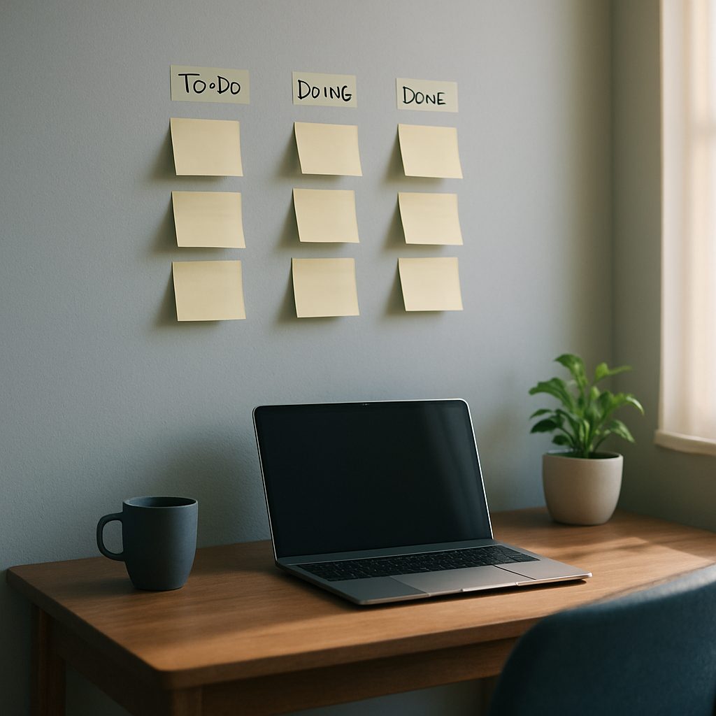 Tableau kanban personnel en post-it sur le mur d'un bureau à domicile, trois colonnes À faire, En cours et Terminé au-dessus d'un bureau en bois.
