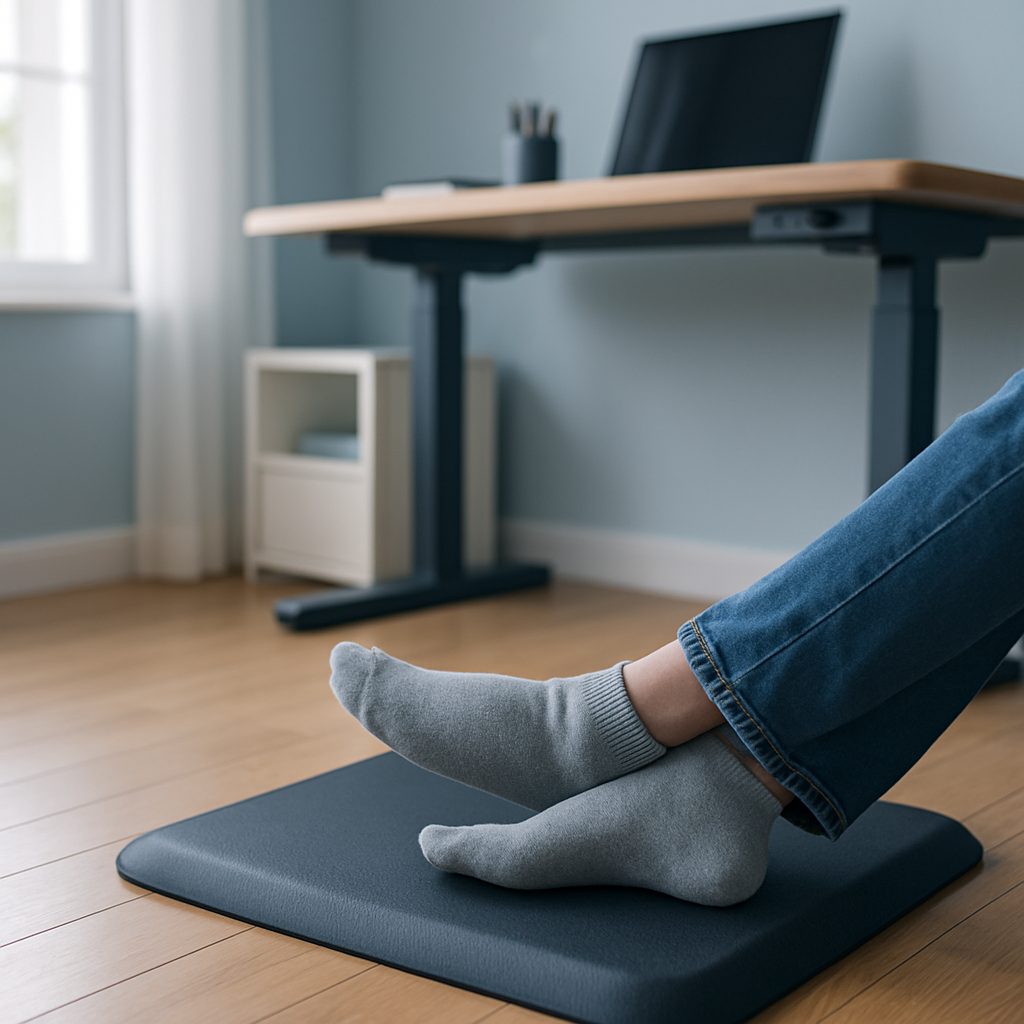 Pieds en chaussettes posés sur un tapis anti-fatigue devant un bureau assis-debout, dans un atelier à domicile.