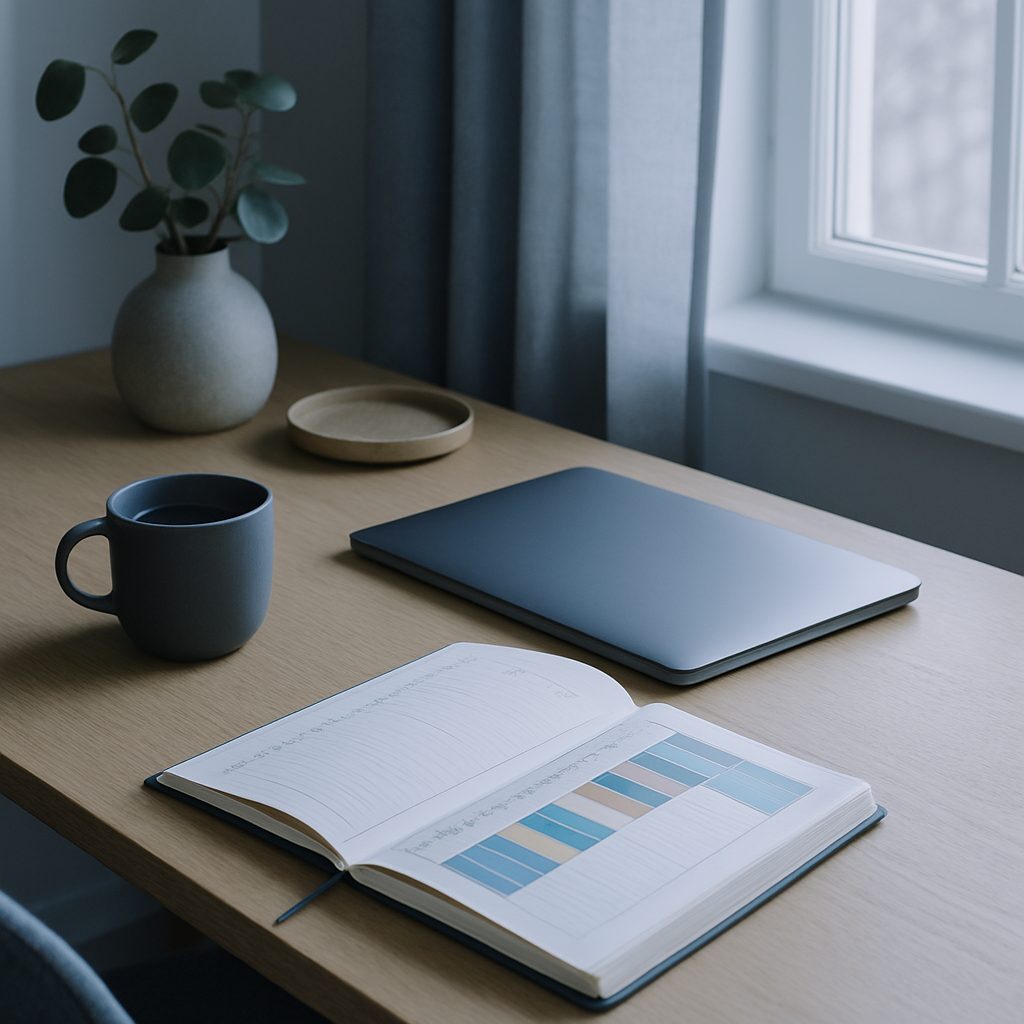 Bureau à domicile près d'une fenêtre, agenda papier ouvert montrant une journée découpée en créneaux horaires colorés