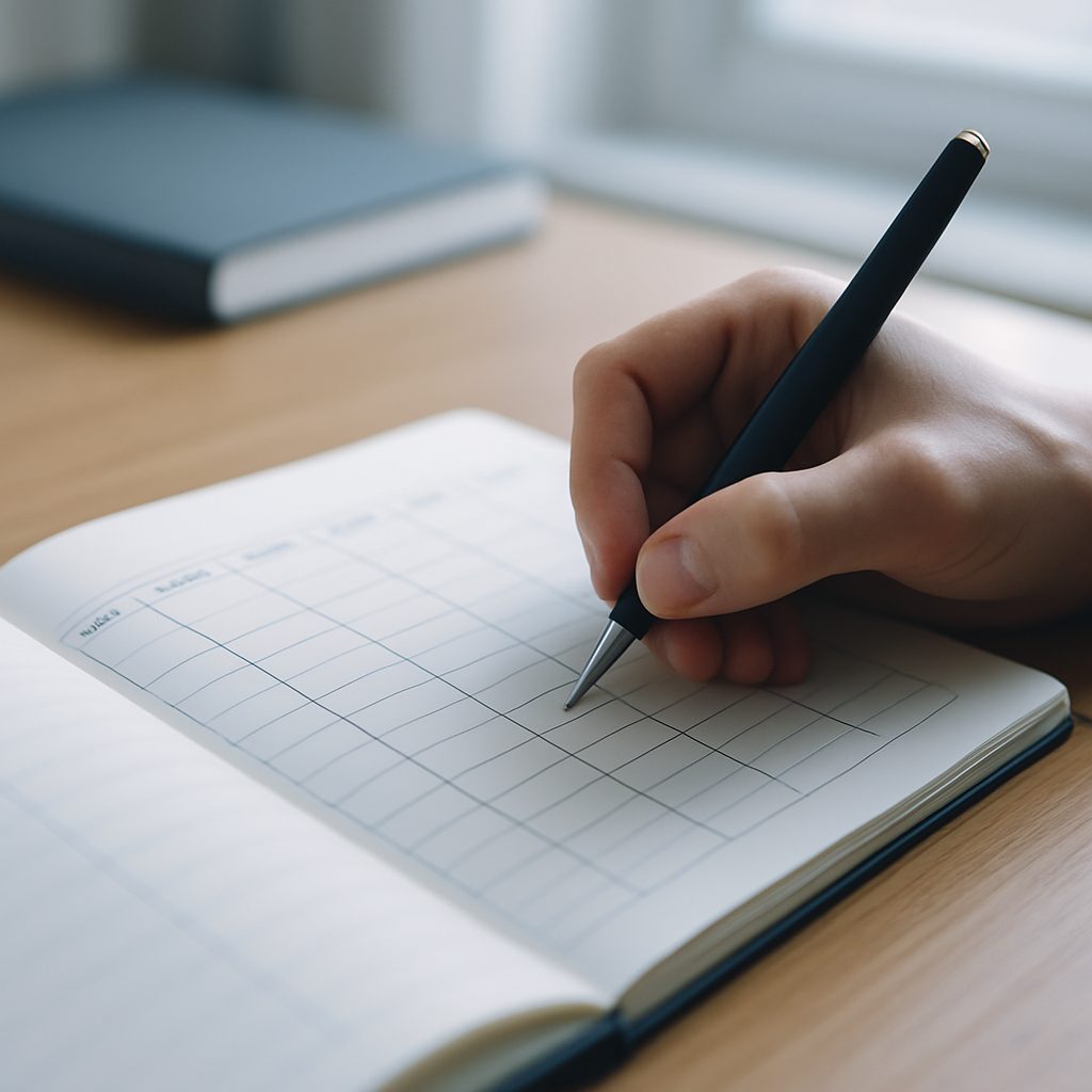 Main inscrivant des blocs de temps dans un agenda hebdomadaire posé sur une table en bois