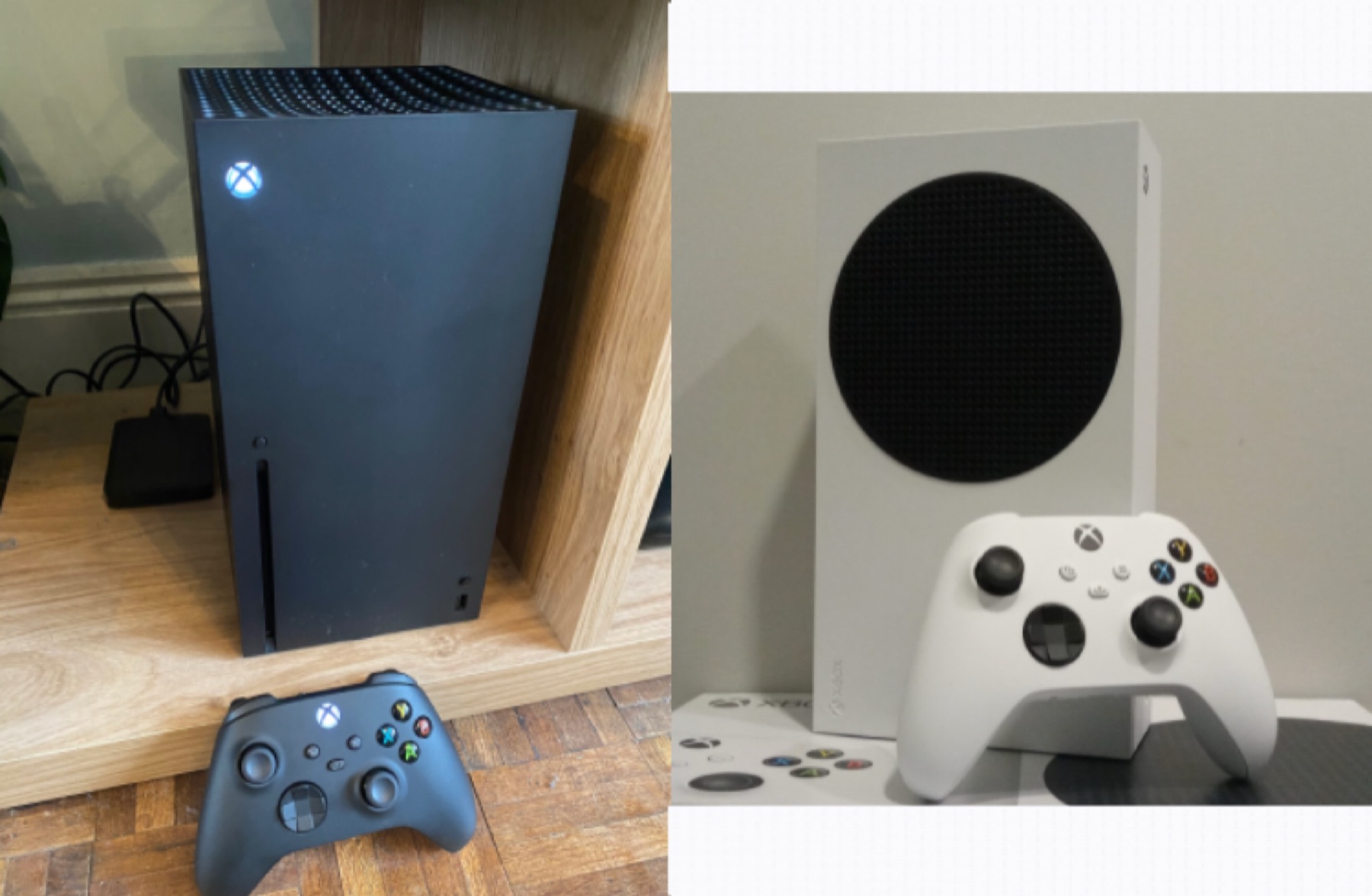 console Xbox Series X et Xbox Series S posées côte à côte avec leurs manettes